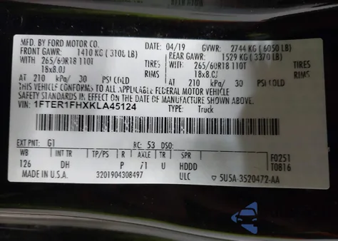 2019 Ford Ranger Lariat from USA, damaged, VIN 1FTER1FHXKLA45124